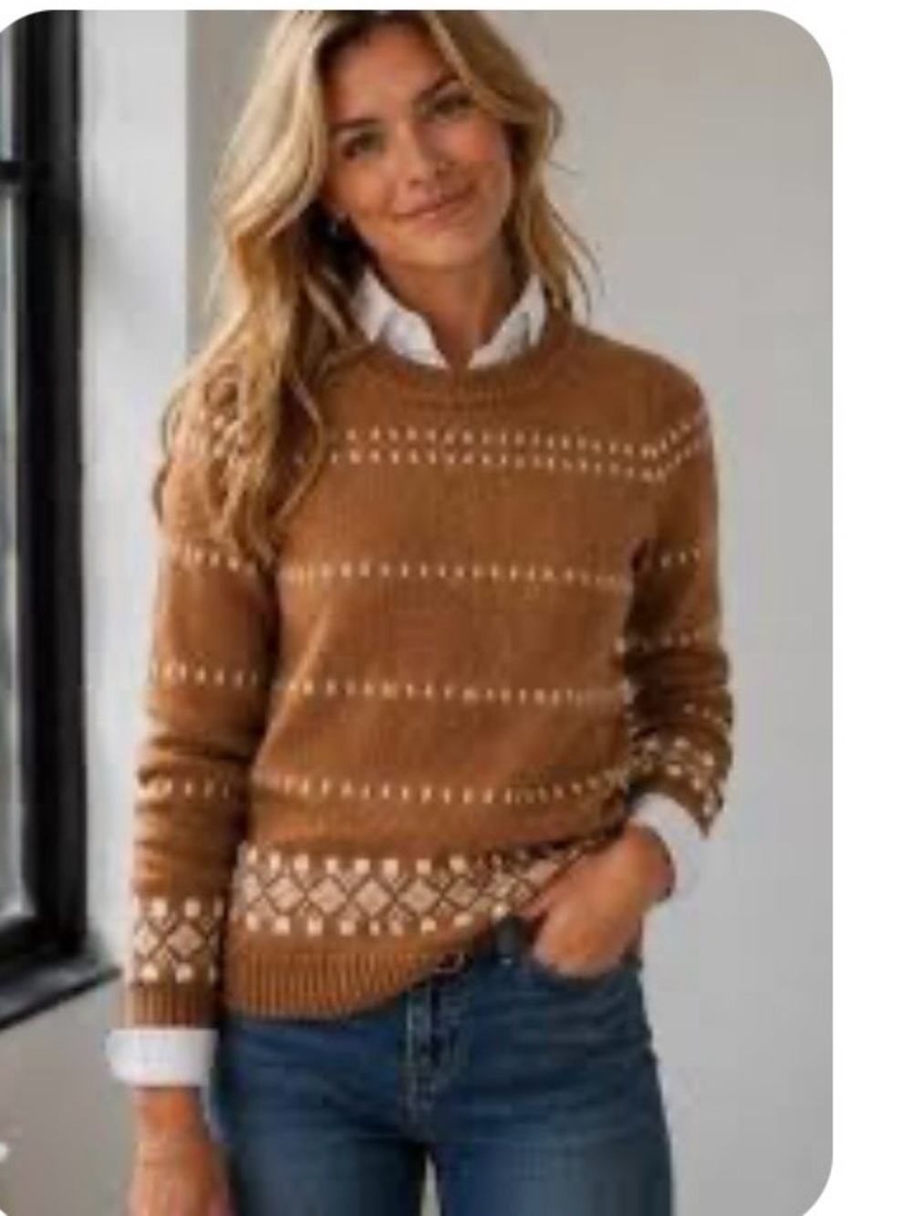 J. Crew Camel Brown Fair Isle Crewneck Sweater